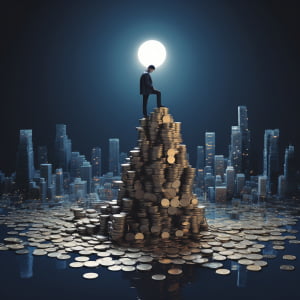 a man standing on a pile of coins