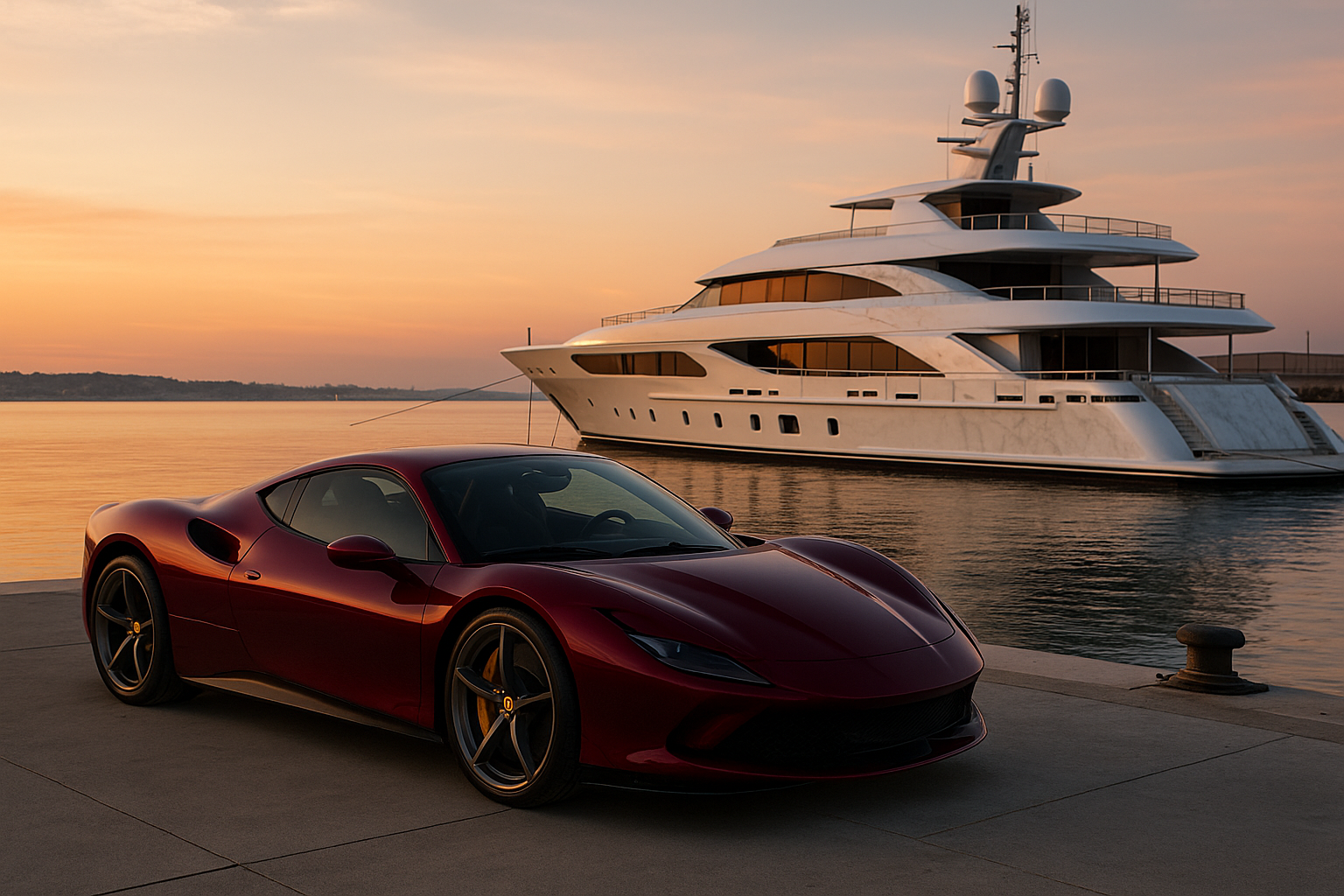 Custom crimson Ferrari and marble-accented superyacht at a sunset marina—symbolising bespoke luxury.